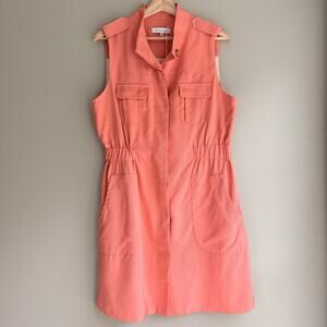 Matison Stone Tencel Button Up Utility Shirt Dress 10 Pocket Lined Coral Peach